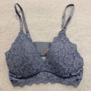 Momanda Women Floral Lace Bralette Wireless V-Neck Blue Gray 34B